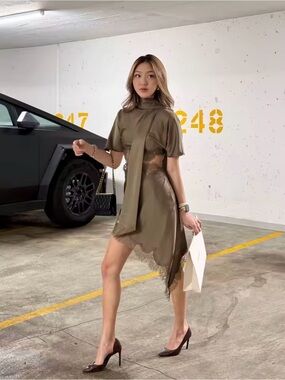 Olive Scarf Neck Lace Trim Asymmetrical Dress